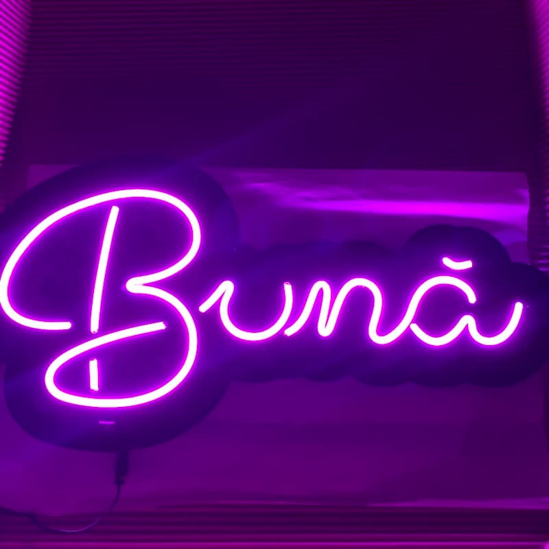 Neon Buna Dimineața — semn neon personalizat realizat de Lightify